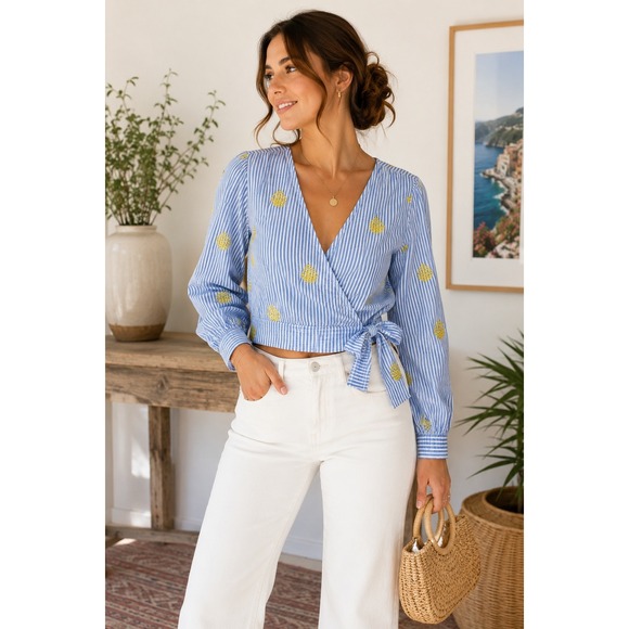 J.Crew Tops - J.Crew Blue White Striped Pineapple Embroidered Wrap Tie Blouse Top Mens Medium